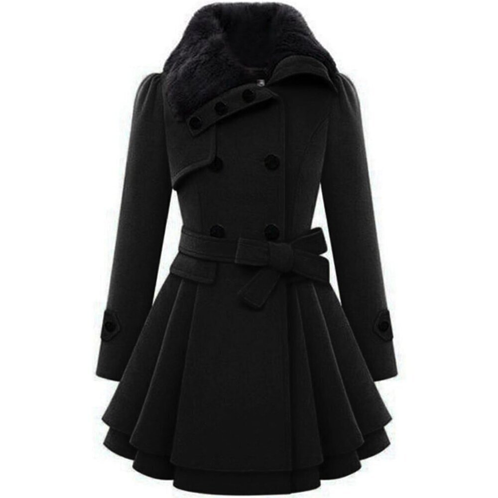 🆕Women's Black Zeagoo Winter Trench Coat Faux Fur Lapel Double Breasted Design